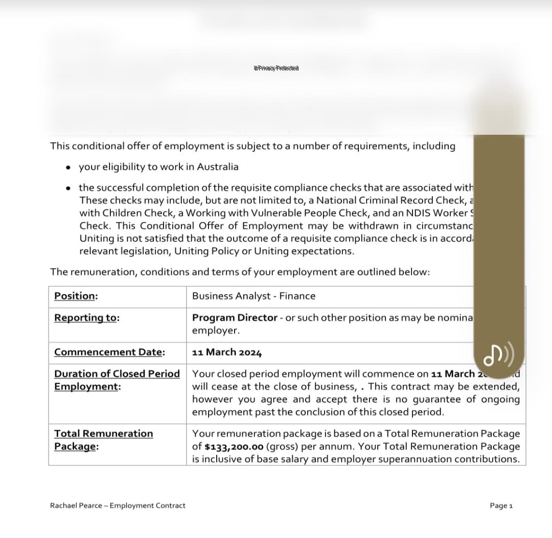 Rachael's $133K offer letter