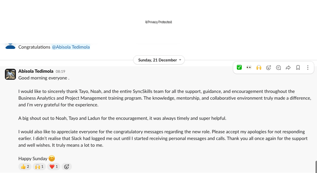 Abisola's heartfelt thank you message to the SyncSkills community